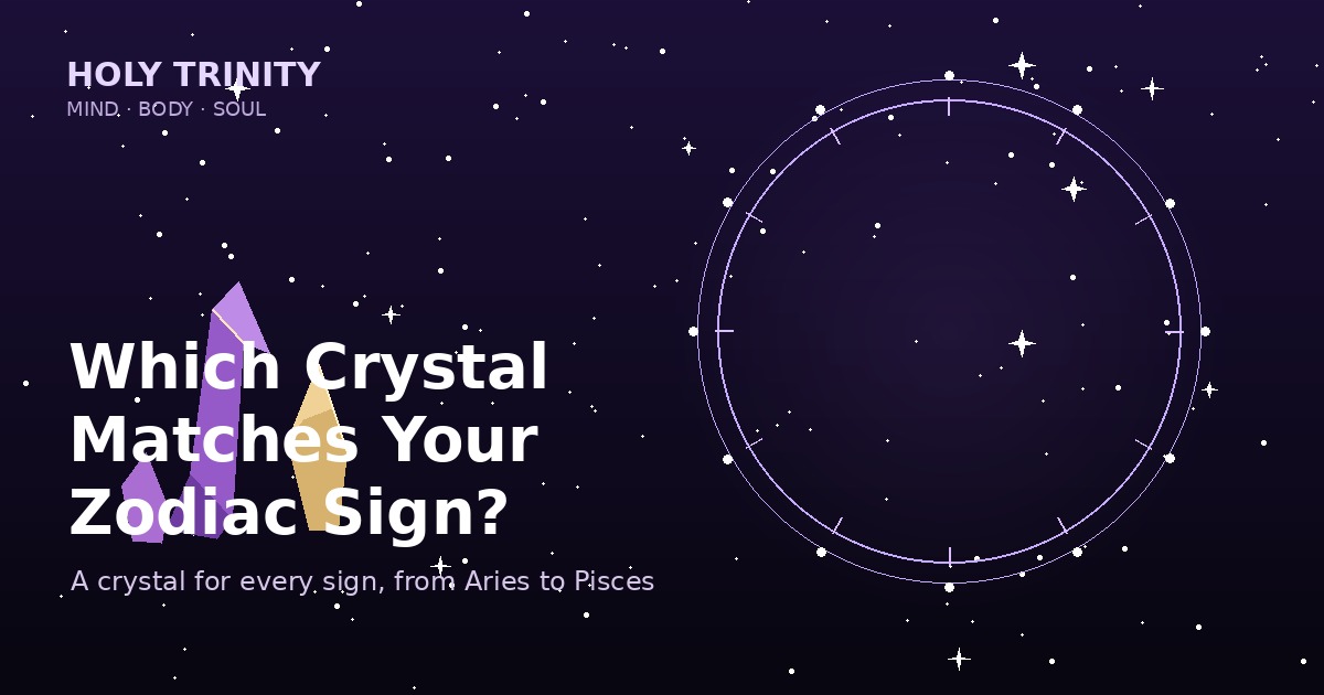 Zodiac crystal guide featured image showing a purple and gold crystal cluster beside a zodiac wheel